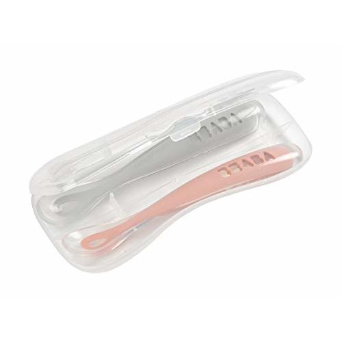 BEABA Baby's First Foods Spoon Set, Original Silicone Baby Spoons, 4 Pack, Rose + Cloud