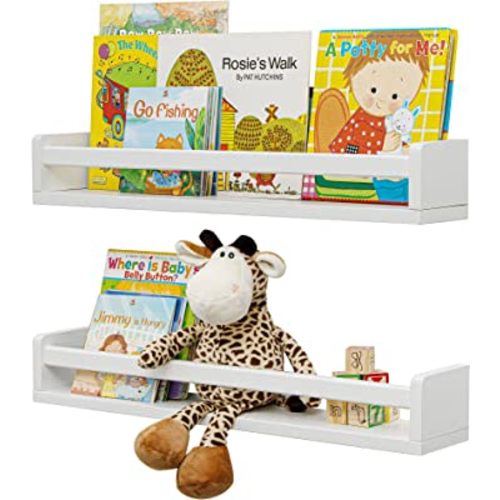 Fun Memories Nursery Book Shelves - Rustic Natural Solid Wood Floating Bookshelf for Kids - Wall Book Shelves for Kids Room (White, 24inch - 2P)