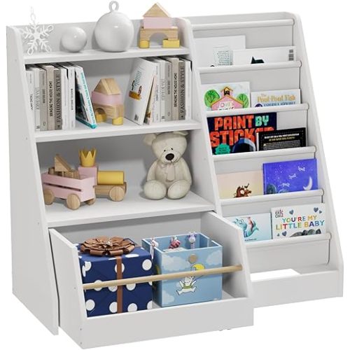 Kids Bookshelf with Toy Storage Organizer Movable Drawer, Toddler Bookcase 5 Sling Child Book Rack 4-Tier Shelf Cabinet Chest with Wheels for Nursery,Playroom,Bedroom,Living Room,Classroom