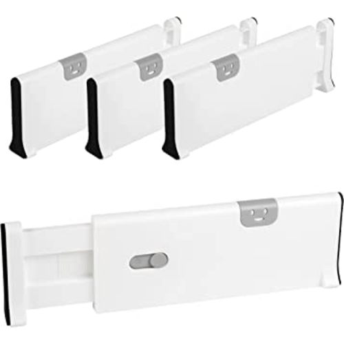 Drawer Dividers Pack of 4, Adjustable and Expandable Plastic Drawer Organizer Clothes, Spring Loaded, Works in Kitchen Utensils Organizer, Dresser Drawer Separators, 4'' High, 11-17.5'', White