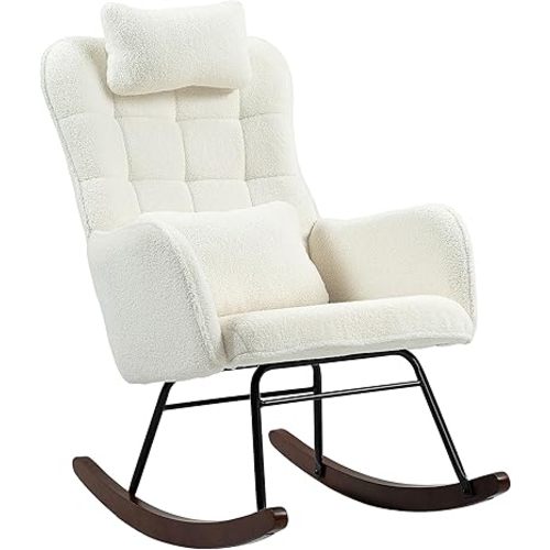 HOMCOM Upholstered Rocking Chair with Headrest and Lumber Pillow, Teddy Fleece Modern Rocker Chair with High Back, Steel Frame and Beech Wood Base for Living Room, Bedroom, Cream White