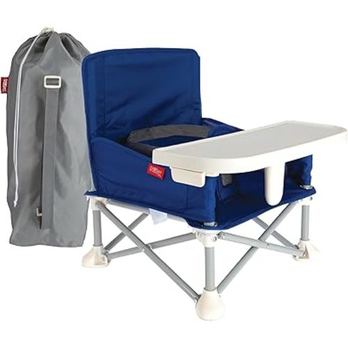 Nuby Easy Go Pop-Up Booster Seat with Removable Tray - 6+ Months - Portable Booster Seat for Floor for Indoor/Outdoor Use - 3-Point Safety Adjustable Straps - Includes Travel Bag - Blue