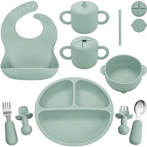 Silicone Baby Feeding Set, Baby Led Weaning Supplies, Eating Essentials Utensils with Suction Plate and Bowl, Pocket Bib, Sippy Cup with Lid, Forks Spoons Snack Container, for 6+ Months, Green