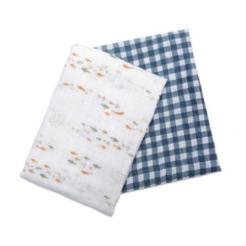 Lulujo Cotton Swaddles - Fish & Navy Gingham – 40×40″ - Mary Meyer Stuffed Toys