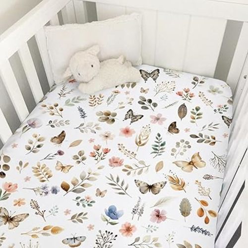 Retro Boho Floral Leaves Butterflies Baby Crib Sheet 52''x28'' Botanic Garden Spring Stretchy Fitted Crib Mattress Cover for Boy Girl Plants Soft Nursery Bed Sheet for Standard Crib & Toddler Mattress