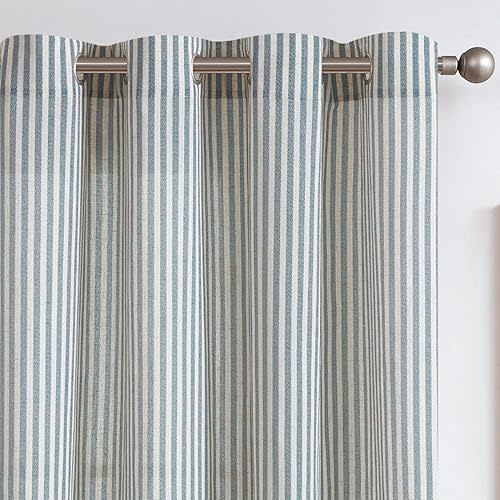 jinchan Linen Curtains for Living Room Blue on Beige Striped Curtains for Bedroom Ticking Stripe Pattern Light Filtering Pinstripe Rustic Window Treatment 2 Panels 84 inches Long
