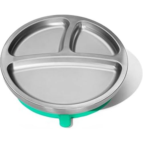 Avanchy Baby Plates with Suction – Stainless Steel Divided Plates for Toddlers, BPA-Free, Dishwasher Safe, Unbreakable, Non-Toxic, 100% Silicone Suction – Green