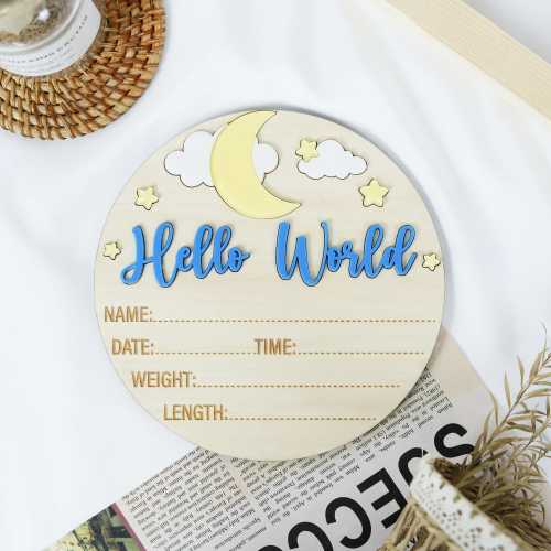 Hello World Wooden Baby Announcement Sign, Baby 3D Round Sign, Cloud Baby Birth Stats, Moon & Stars Themed Sign , Nursery Decor Baby Shower
