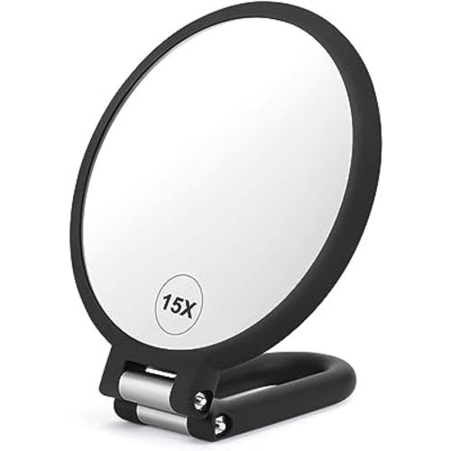 CLSEVXY Magnifying Handheld Mirror Double Sided, 1X 15X Magnification Hand Mirror, Travel Folding Held Adjustable Rotation Pedestal Makeup Desk Vanity