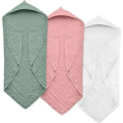 Hooded Baby Towels for Newborn, 35x35 Inch 3 Pack 100% Muslin Cotton Baby Bath Towel, Soft Baby Beach Towels with Hood for Infants, Toddlers and Kids, Essentials Must Haves
