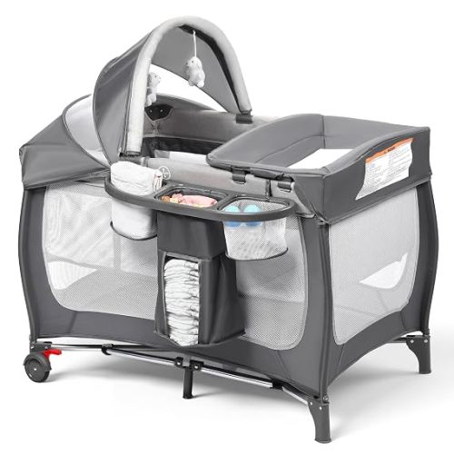 Kinder King 4 in 1 Portable Pack and Play, Baby Playard w/Bassinet, Grey | Large Playpen for Infant and Toddler, Newborn Changing Table, Adjustable Canopy, Storage Basket, Travel Bag, 0-36 Months