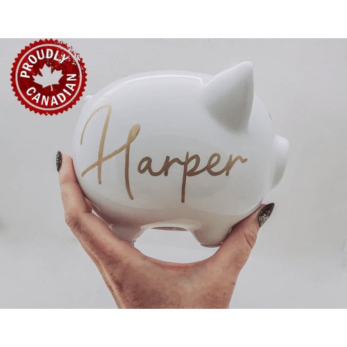 Personalized Piggy bank, White and gold Hand lettered, hand painted ceramic custom Baby Shower Gift for boy or girl