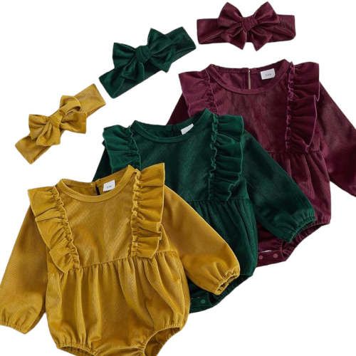 2pcs Corduroy Ruffled Romper