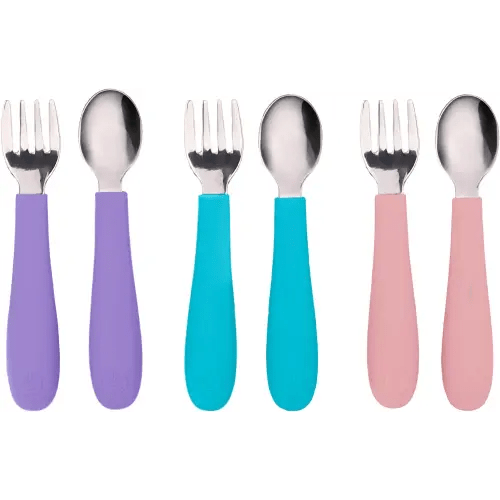 WeeSprout Toddler Utensils, 3 Forks & 3 Spoons, 18/8 Stainless Steel & Food Grade Silicone, Thick Easy-Grip Handles, Perfect Length For New Self Feeders, Gentle On Gums & Teeth, Dishwasher Safe