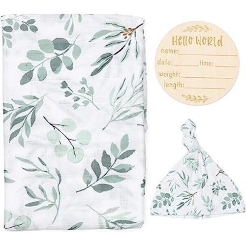 Organic Swaddle Blanket and Hat Set - Boho Baby Receiving Blanket Neutral - Soft Organic Cotton and Bamboo Muslin Swaddle Blanket, Eucalyptus Leaves, Birth Announcement Card, 47" x 47"