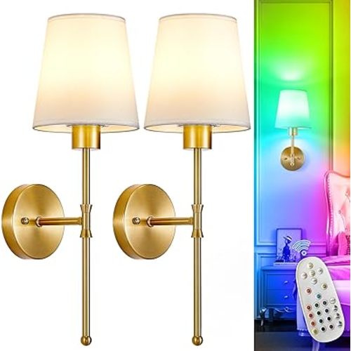 Depuley Battery Operated Wall Sconce: Set of 2 19.99" Wireless Wall Lights with Remote for Bedroom - Rechargeable 15 Colors Gold Wall Lamp for Living Room Hallway Decor