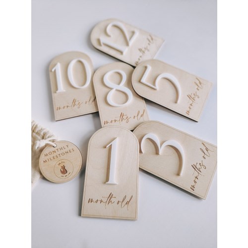 Baby milestone discs | wooden milestone cards | arch monthly milestones | laser cut and engraved | flat lay photo prop