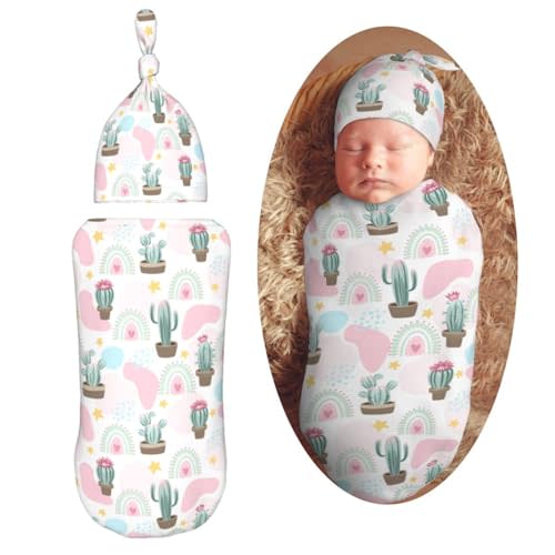 Muishi Cactus On Summer Newborn Swaddle Blankets Hat Sets Soft Baby Receiving Blanket Swaddle Sack for Baby Shower Infant Boy Girl Gift