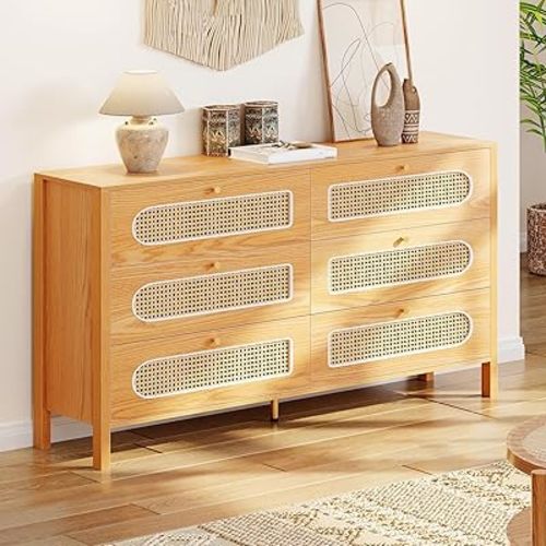 DWVO Buffet Cabinet Rattan - Storage Cabinet with 6 Wood Storage Closet Dressers Chest - Coffee Bar Cabinet with Drawer-Accent Cabinet with Golden Handles for Living Room/Dining Room/Entryway-Natural
