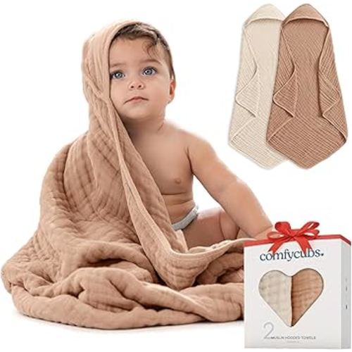 Comfy Cubs Hooded Baby Towel 2-Pack, Large 32 x 32 Inch - 6 Layer 100% Muslin Cotton for Babies, Toddlers, Kids - Soft & Absorbent Baby Bath Towels - Unisex Design for Bath Time, Cedar and Sand