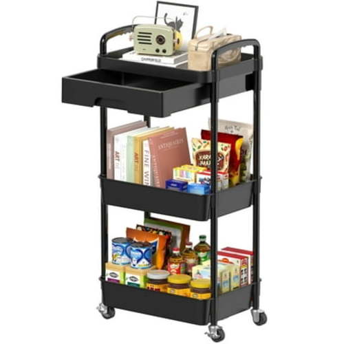 3-Tier Rolling Utility Cart with Drawer & Wheels, Multifunctional Storage Organizer Cart for Kitchen,Bathroom,Living Room,Office, Black