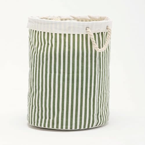 Large Storage Laundry Hamper Basket 62L with Handles for Dirty Clothes Toy Organizer Bins, Waterproof, Collapsible Laundry Hamper, Classic Stripes Pattern, Green Color,1-Pack, Bathroom, Dorm