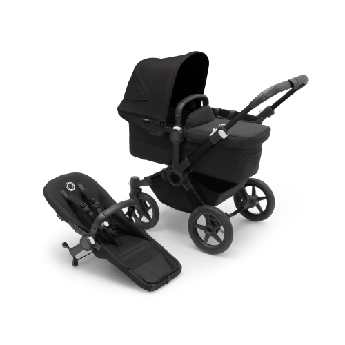 Bugaboo Donkey 5 Mono bassinet and seat stroller black base, midnight black fabrics, midnight black sun canopy