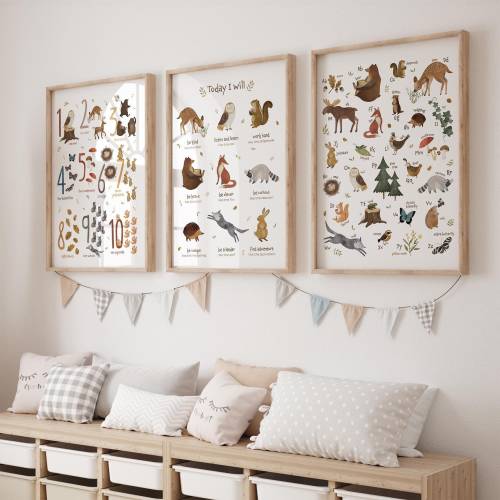 Woodland Nursery Prints Set of 2 or 3, Educational Alphabet and Numbers Posters Bundle with Forest Animals, Montessori Wall Art