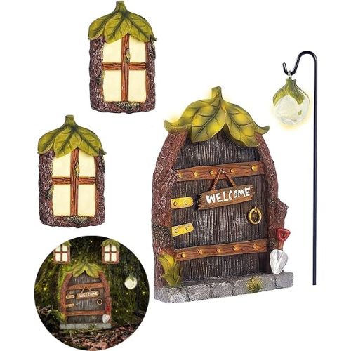 Miniature Fairy Garden Accessories Fairy Door and Windows for Trees, Glow in The Dark Yard Garden Sculpture Lawn Ornament Mini Garden Art Outdoor Decor Accessories with Lantern