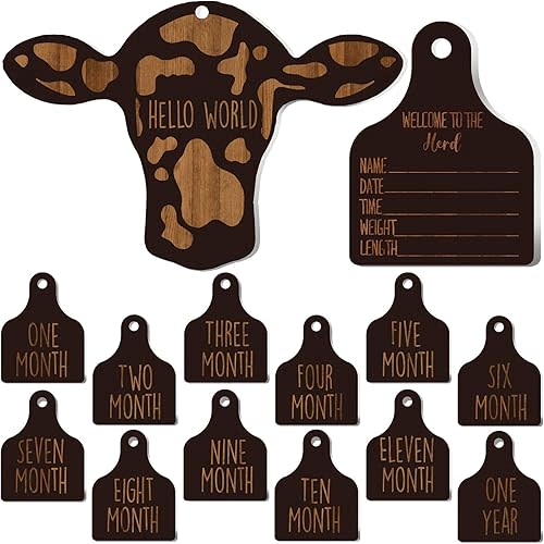 Maitys 14 Pieces Cow Baby Monthly Milestone Cards Rustic Wooden Ornament Herd Signs Cattle Newborn Photography Props to Record Your Baby's Growth, Gift for Pregnancy and Baby Shower (Black)