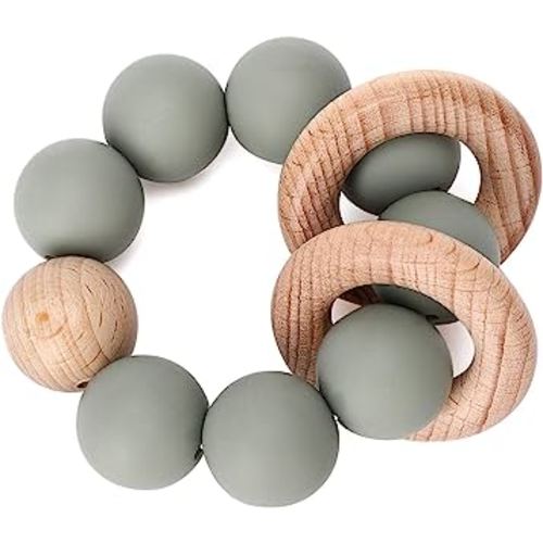 Socub Baby Teething Toy, Organic Baby Teething Ring, Silicone & Beech Baby Rattle Teether for Baby 3+ Months, BPA Free, Sage