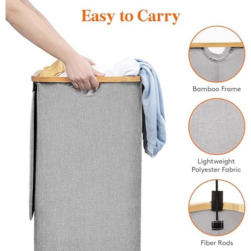Lifewit 100L Laundry Basket with Lid, Clothes Hampers for Laundry with Bamboo Handles and A Removable Laundry Bag, Large Foldable Laundry Hamper for Bedroom, Bathroom, Dorm, Laundry Room, Light Gray
