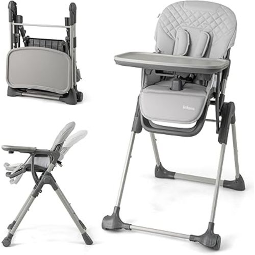 INFANS Baby High Chair, Convertible Quick Folding Portable Highchair for Babies and Toddlers with Adjustable Height Backrest Footrest 2 Wheels Removable Tray, Easy to Clean PU Seat (Grey)