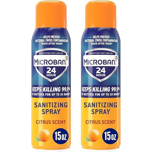 MICROBAN Disinfectant Spray, 24 Hour Sanitizing and Antibacterial Spray, Sanitizing Spray, Citrus Scent, 2 Count (15oz Each) (Packaging May Vary)