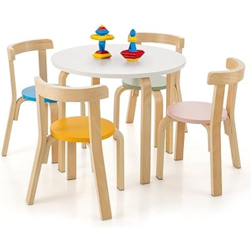 Costzon Kids Table and Chair Set, 5-Piece Wooden Activity Table w/ 4 Chairs, Toy Bricks, Classroom Playroom Daycare Furniture for Playing, Drawing, Reading, Bentwood Toddler Table & Chairs (Assorted)
