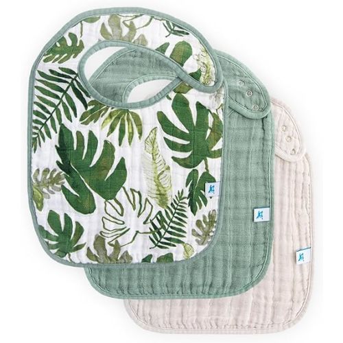 Little Unicorn Cotton Muslin Classic Bib 3 Pack– 100% Cotton – Machine Washable - Softer with Every Wash – Playful Designs - 3 Lightweight, Breathable Layers – for Boys and Girls (Tropical Leaf Set)