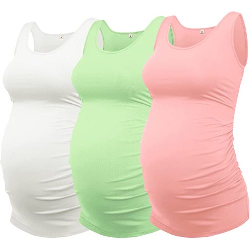 AMPOSH Women's Maternity Tank Top 3 Pack Ruched Side Sleeveless Pregnancy Basic Shirt - 31 White/Sage/Pale Pink - XX-Large