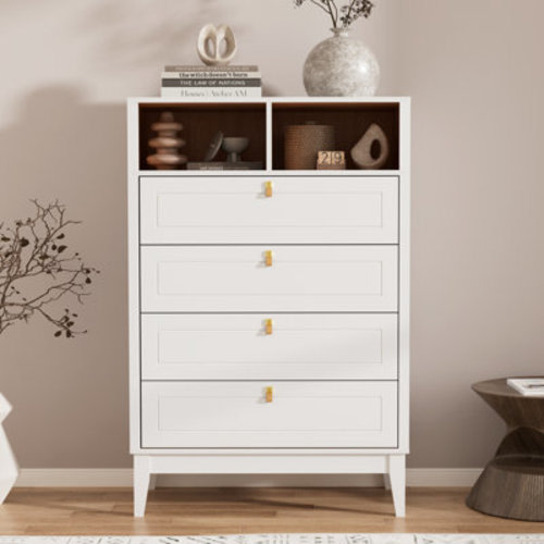 George Oliver 47.2" H 4-Drawer Green Tall Dresser, Bedroom Chest of Drawers with Open Shelves & Genuine Leather Loop Pulls | Wayfair