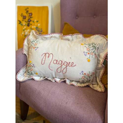 Embroidered Floral Cushion with hand embroidered personalisation - frill trim - girls bedroom, nursery decor, baby gift, birthday present