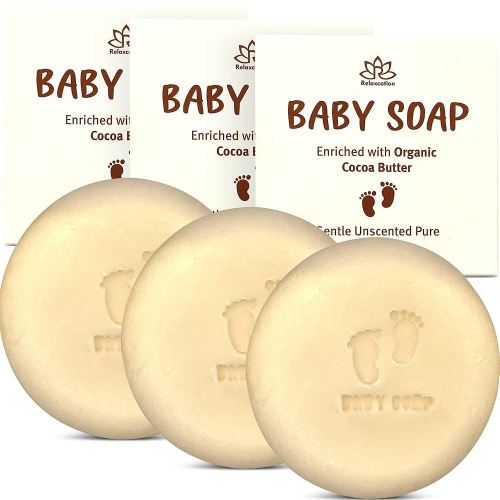 Organic Unscented Baby Soap Bar - 4 Simple Ingredients - ORGANIC Coconut, Olive, Castor Oil, and Moisturizing Cocoa Butter - All Natural Cold Processed Soap Bars For Newborn, Baby, Kids (Set of 3)