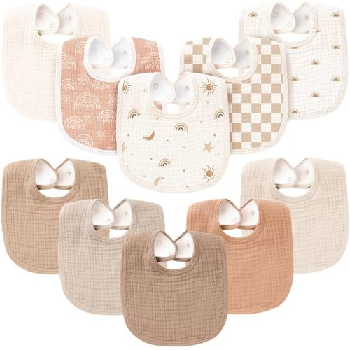 Konssy 10-Pack Muslin Baby Bibs, Soft Cotton Bandana Bibs for Drooling & Teething, Unisex Solid Colors for Boys & Girls, Newborn & Infant