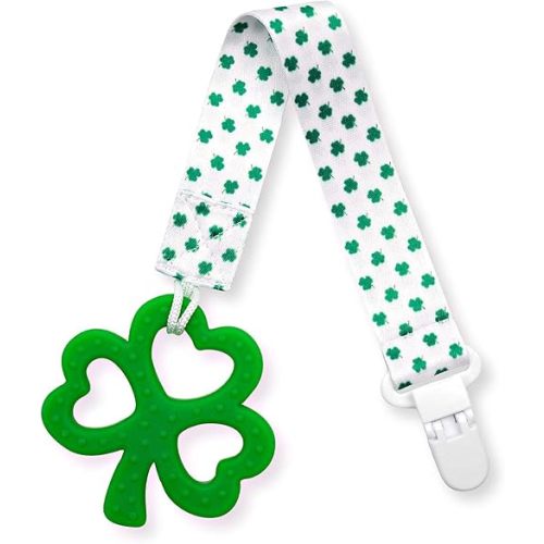 Clover Child Irish Baby Teething Toy - Shamrock Clover Teether & Pacifier Clip- Multi Textured, Soft, BPA Free Silicone