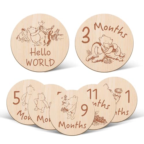 7 Pcs Winnie Baby Monthly Milestone Markers, Winnie Double Sided Winnie Baby Months Wooden Signs with Storage Bag, Winnie Baby Shower Gifts, Winnie Baby Monthly Announcement Wooden Discs, Winnie Gifts