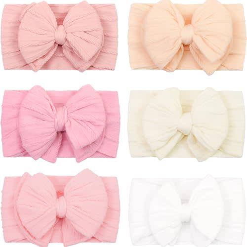 CÉLLOT 6 Pcs Super Stretchy Soft Handmade Headbands with Double Bows Head Wrap Nylon Hair Accessories For Newborn Baby Girls Infant Toddlers Kids(Pink)