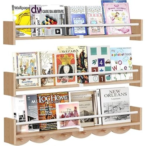 34Inch Nursery Bookshelves Wall Mounted,Wooden Floating Shelf Kids Coat Rack with 6Hooks,Hanging Shelf for Baby Nursery Room Décor, Set of 3 Burlywood