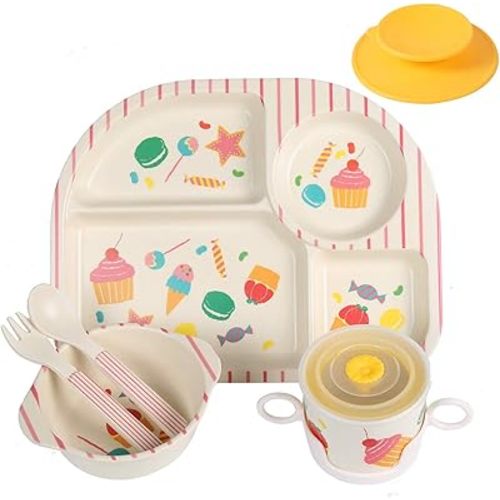 shopwithgreen 7Pcs/Set Bamboo Kids Dinnerware Set - Children Dishes - Food Plate Bowl Cup Spoon Fork Set Dishware, Cartoon Tableware, Dishwasher Safe Kids Healthy Mealtime, BPA Free