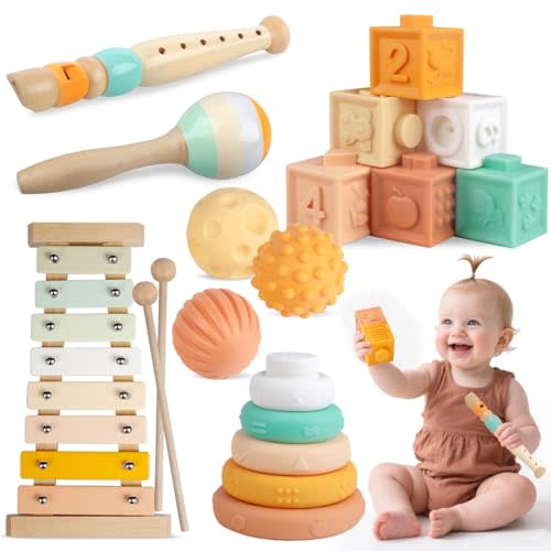 Meytccve Baby Toys Montessori Toys for Babies, Wooden Musical Instruments Toy Stacking Building Blocks, Infant Teething Toys Sensory Balls, Xylophone, Birthday Gift for Toddlers