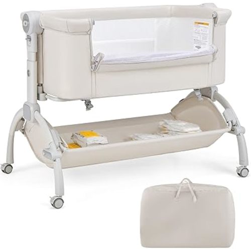 HONEY JOY Portable Baby Bassinet, 3-in-1 Bedside Sleeper Cradle w/Soft Mattress & Storage Basket, Newborn Infant Travel Crib w/ 7-Level Adjustable Height, 4 Lockable Wheels & Carry Bag (Beige)