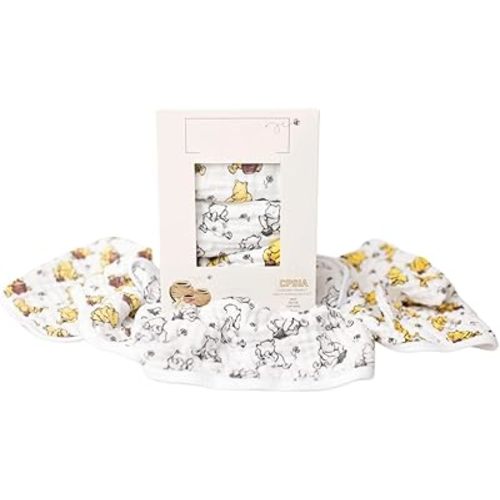 Sugar Lily's-Classic Pooh Muslin Cotton Burp Cloth Set. 1 of Each- Full Color,Design, Full Color w/Soccer Ball Motifs, Black & White Design w/Soccer Ball Motif.