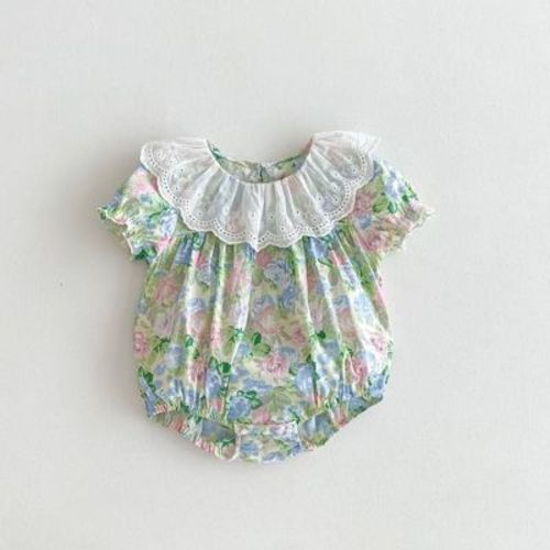 MyKids-USA Summer New Arrival Baby Girls Floral Print Short Sleeves Ruffle Collar Green 73 (6-9M)
